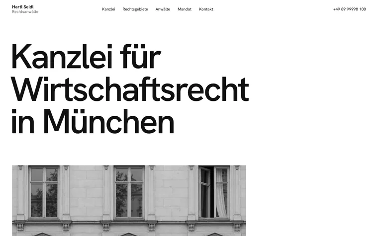 Entwurf von LaudaMedia: Startseite der fiktiven Kanzlei Hartl Seidl, Wirtschaftsrecht in München